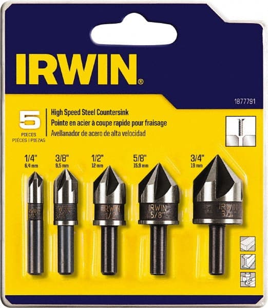 Irwin - 5 Piece, 1/4 to 3/4" Head Diam, 82° Included Angle, Single End Countersink Set - Industrial Tool & Supply