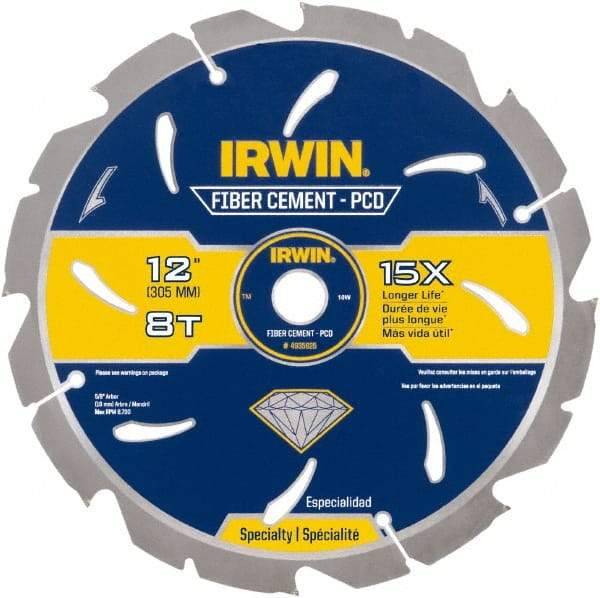 Irwin Blades - 12" Diam, 1" Arbor Hole Diam, 8 Tooth Wet & Dry Cut Saw Blade - Diamond-Tipped, Smooth Action, Standard Round Arbor - Industrial Tool & Supply