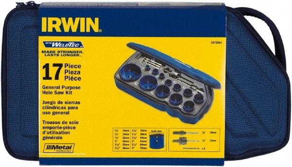 Irwin - 17 Piece, 5/8" to 3" Saw Diam, General Purpose Hole Saw Kit - Bi-Metal, Toothed Edge, Pilot Drill Model No. 373000, Includes 12 Hole Saws - Industrial Tool & Supply