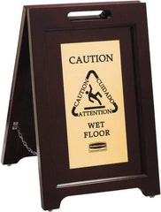 Rubbermaid - Attention/, Caution/, Cuidado/, Wet Floor, 15-1/8" Wide x 22" High, Wood Floor Sign - English/French/Spanish, A-Frame, Black on Gold, For Accident Prevention - Industrial Tool & Supply