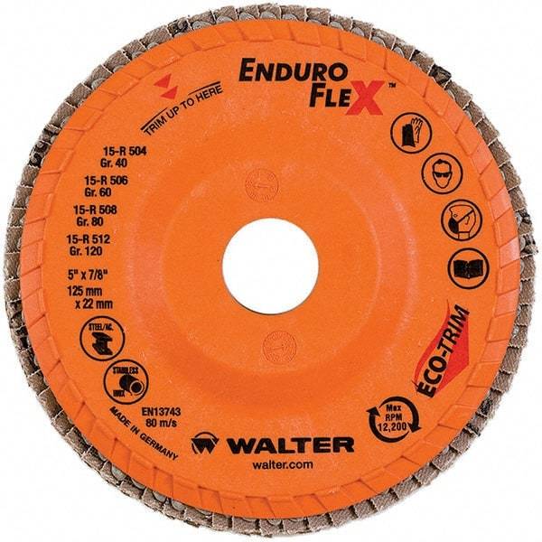 WALTER Surface Technologies - 60 Grit, 5" Disc Diam, 7/8" Center Hole, Type 28 Ceramic Flap Disc - 12,200 Max RPM, Plastic Backing, Arbor Attaching System, Coated - Industrial Tool & Supply