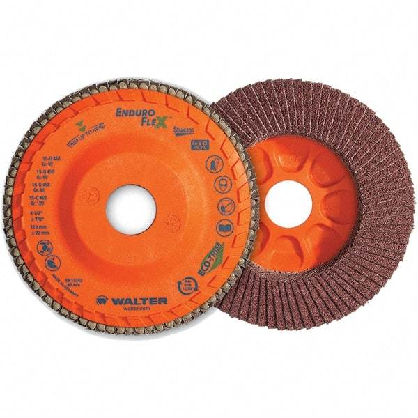WALTER Surface Technologies - 60 Grit, 5" Disc Diam, 7/8" Center Hole, Type 28 Ceramic Flap Disc - 12,200 Max RPM, Plastic Backing, Arbor Attaching System, Coated - Industrial Tool & Supply