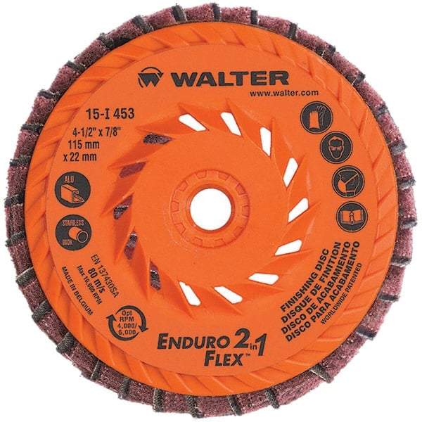 WALTER Surface Technologies - 4-1/2" Disc Diam, 5/8-11 Center Hole, Type 28 Ceramic Flap Disc - 13,300 Max RPM, Plastic Backing, Arbor Attaching System, Coated & Non-Woven Combo - Industrial Tool & Supply