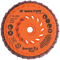 WALTER Surface Technologies - 4-1/2" Disc Diam, 5/8-11 Center Hole, Type 28 Ceramic Flap Disc - 13,300 Max RPM, Plastic Backing, Arbor Attaching System, Coated & Non-Woven Combo - Industrial Tool & Supply