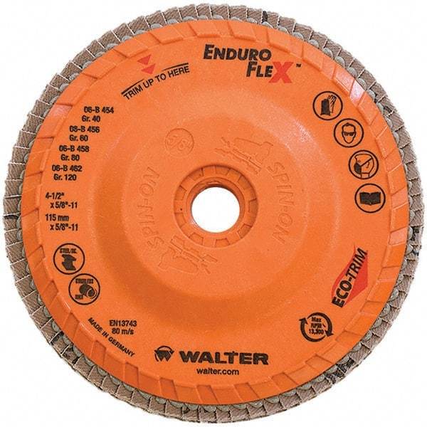 WALTER Surface Technologies - 80 Grit, 4-1/2" Disc Diam, 5/8-11 Center Hole, Type 28 Ceramic Flap Disc - 13,300 Max RPM, Plastic Backing, Arbor Attaching System, Coated - Industrial Tool & Supply