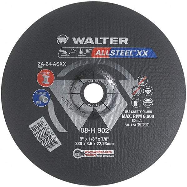 WALTER Surface Technologies - 24 Grit, 9" Wheel Diam, 1/8" Wheel Thickness, 7/8" Arbor Hole, Type 27 Depressed Center Wheel - Aluminum Oxide, Resinoid Bond, 6,600 Max RPM - Industrial Tool & Supply