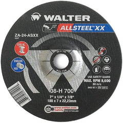 WALTER Surface Technologies - 24 Grit, 7" Wheel Diam, 1/4" Wheel Thickness, 7/8" Arbor Hole, Type 27 Depressed Center Wheel - Aluminum Oxide, Resinoid Bond, 8,600 Max RPM - Industrial Tool & Supply