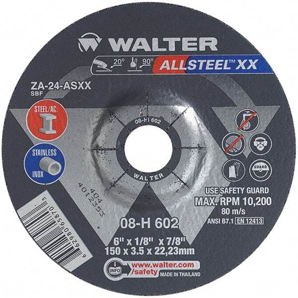 WALTER Surface Technologies - 24 Grit, 6" Wheel Diam, 1/8" Wheel Thickness, 7/8" Arbor Hole, Type 27 Depressed Center Wheel - Aluminum Oxide, Resinoid Bond, 10,200 Max RPM - Industrial Tool & Supply