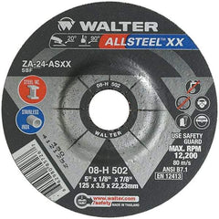 WALTER Surface Technologies - 24 Grit, 5" Wheel Diam, 1/8" Wheel Thickness, 7/8" Arbor Hole, Type 27 Depressed Center Wheel - Aluminum Oxide, Resinoid Bond, 12,200 Max RPM - Industrial Tool & Supply