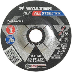 WALTER Surface Technologies - 24 Grit, 5" Wheel Diam, 1/4" Wheel Thickness, 7/8" Arbor Hole, Type 27 Depressed Center Wheel - Aluminum Oxide, Resinoid Bond, 12,200 Max RPM - Industrial Tool & Supply