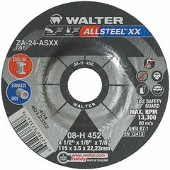 WALTER Surface Technologies - 24 Grit, 4-1/2" Wheel Diam, 1/8" Wheel Thickness, 7/8" Arbor Hole, Type 27 Depressed Center Wheel - Aluminum Oxide, Resinoid Bond, 13,300 Max RPM - Industrial Tool & Supply