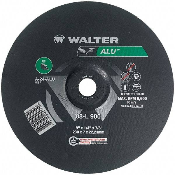 WALTER Surface Technologies - 24 Grit, 9" Wheel Diam, 1/4" Wheel Thickness, 7/8" Arbor Hole, Type 27 Depressed Center Wheel - Aluminum Oxide, Resinoid Bond, 6,600 Max RPM - Industrial Tool & Supply