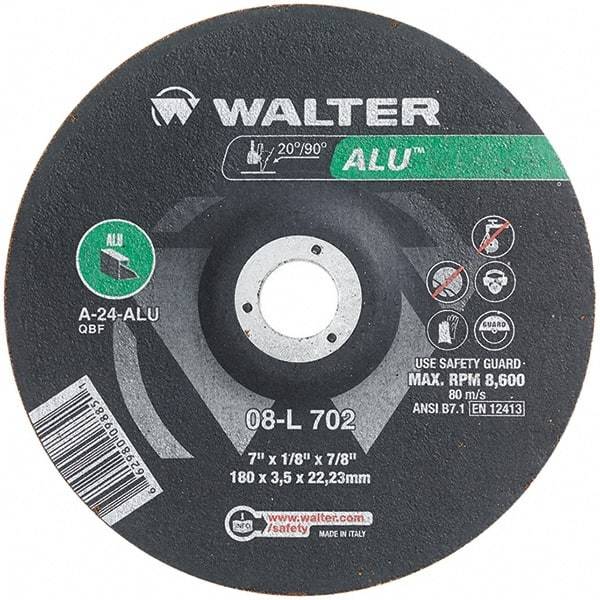 WALTER Surface Technologies - 24 Grit, 7" Wheel Diam, 1/8" Wheel Thickness, 7/8" Arbor Hole, Type 27 Depressed Center Wheel - Aluminum Oxide, Resinoid Bond, 8,600 Max RPM - Industrial Tool & Supply