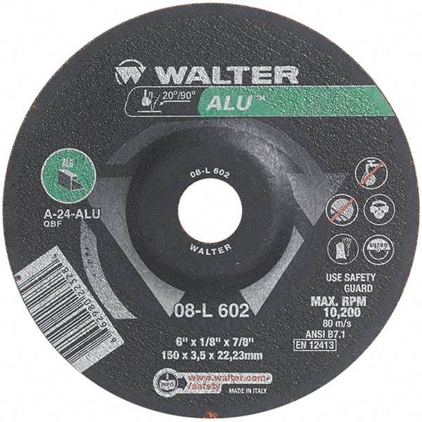 WALTER Surface Technologies - 24 Grit, 6" Wheel Diam, 1/8" Wheel Thickness, 7/8" Arbor Hole, Type 27 Depressed Center Wheel - Aluminum Oxide, Resinoid Bond, 10,200 Max RPM - Industrial Tool & Supply