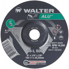 WALTER Surface Technologies - 24 Grit, 6" Wheel Diam, 1/4" Wheel Thickness, 7/8" Arbor Hole, Type 27 Depressed Center Wheel - Aluminum Oxide, Resinoid Bond, 10,200 Max RPM - Industrial Tool & Supply