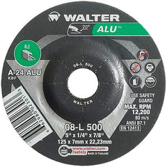 WALTER Surface Technologies - 24 Grit, 5" Wheel Diam, 1/4" Wheel Thickness, 7/8" Arbor Hole, Type 27 Depressed Center Wheel - Aluminum Oxide, Resinoid Bond, 12,200 Max RPM - Industrial Tool & Supply