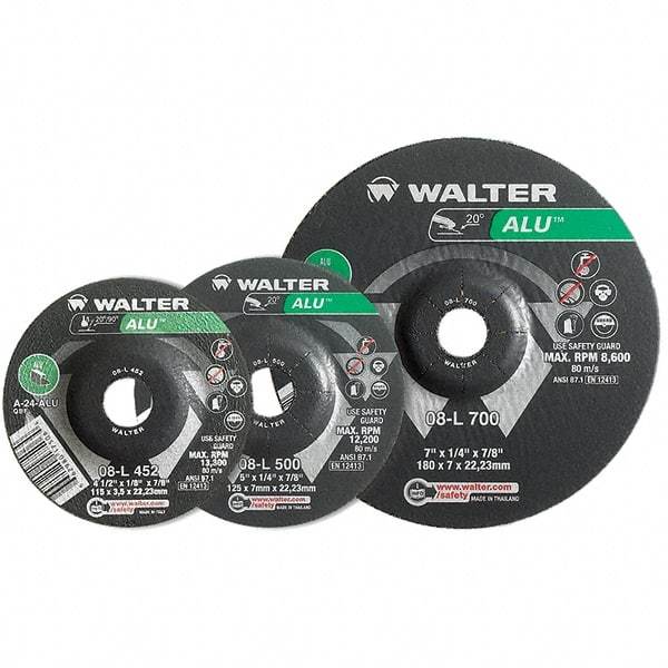 WALTER Surface Technologies - 24 Grit, 4-1/2" Wheel Diam, 1/4" Wheel Thickness, Type 27 Depressed Center Wheel - Aluminum Oxide, Resinoid Bond, 13,300 Max RPM - Industrial Tool & Supply