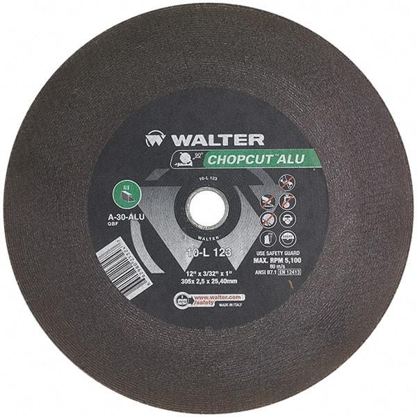 WALTER Surface Technologies - 12" 30 Grit Aluminum Oxide Cutoff Wheel - 3/32" Thick, 1" Arbor, 5,100 Max RPM, Use with Chop Saws - Industrial Tool & Supply