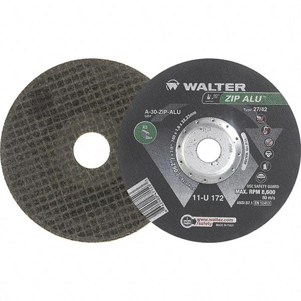 WALTER Surface Technologies - 30 Grit, 7" Wheel Diam, 1/16" Wheel Thickness, 7/8" Arbor Hole, Type 27 Depressed Center Wheel - Aluminum Oxide, Resinoid Bond, 8,600 Max RPM - Industrial Tool & Supply