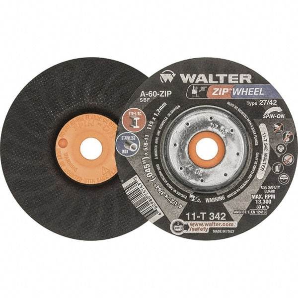 WALTER Surface Technologies - 60 Grit, 4-1/2" Wheel Diam, 3/64" Wheel Thickness, Type 27 Depressed Center Wheel - Resinoid Bond, 13,300 Max RPM - Industrial Tool & Supply