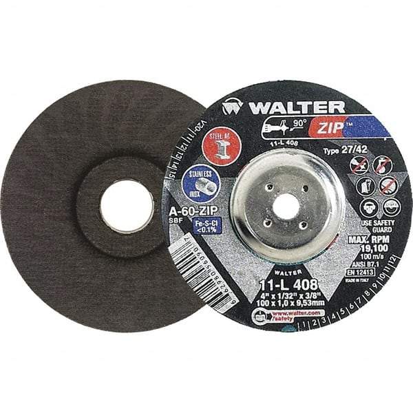 WALTER Surface Technologies - 60 Grit, 4" Wheel Diam, 1/32" Wheel Thickness, 3/8" Arbor Hole, Type 27 Depressed Center Wheel - Aluminum Oxide, Resinoid Bond, 19,100 Max RPM, Compatible with Die Grinders & Straight Shaft Grinder - Industrial Tool & Supply