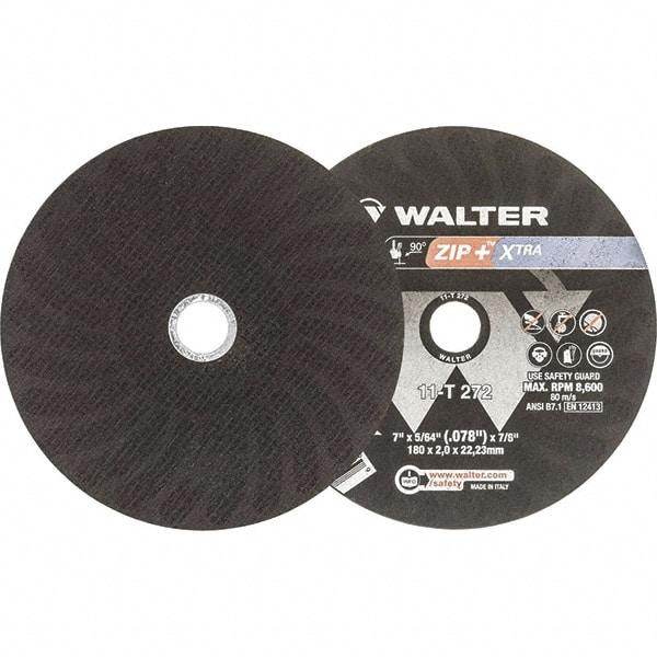 WALTER Surface Technologies - 7" 46 Grit Aluminum Oxide Cutoff Wheel - 5/64" Thick, 7/8" Arbor, 8,600 Max RPM, Use with Angle Grinders - Industrial Tool & Supply