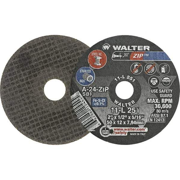 WALTER Surface Technologies - 2" 24 Grit Aluminum Oxide Cutoff Wheel - 1/2" Thick, 5/16" Arbor, 31,000 Max RPM, Use with Die Grinders - Industrial Tool & Supply