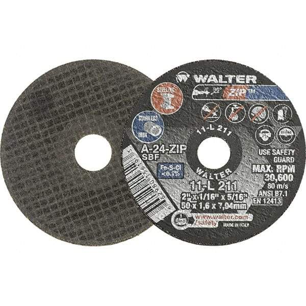 WALTER Surface Technologies - 2" 24 Grit Aluminum Oxide Cutoff Wheel - 1/16" Thick, 5/16" Arbor, 31,000 Max RPM, Use with Die Grinders - Industrial Tool & Supply