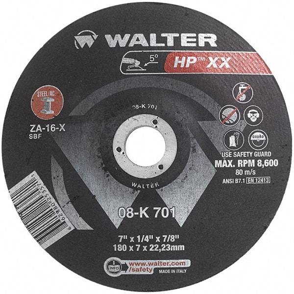 WALTER Surface Technologies - 16 Grit, 7" Wheel Diam, 1/4" Wheel Thickness, 7/8" Arbor Hole, Type 28 Depressed Center Wheel - Aluminum Oxide, Resinoid Bond, 8,600 Max RPM - Industrial Tool & Supply