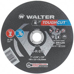 WALTER Surface Technologies - 7" 30 Grit Aluminum Oxide Cutoff Wheel - 3/32" Thick, 7/8" Arbor, 8,600 Max RPM, Use with Angle Grinders - Industrial Tool & Supply