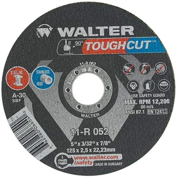 WALTER Surface Technologies - 5" 30 Grit Aluminum Oxide Cutoff Wheel - 3/32" Thick, 7/8" Arbor, 12,200 Max RPM, Use with Angle Grinders - Industrial Tool & Supply