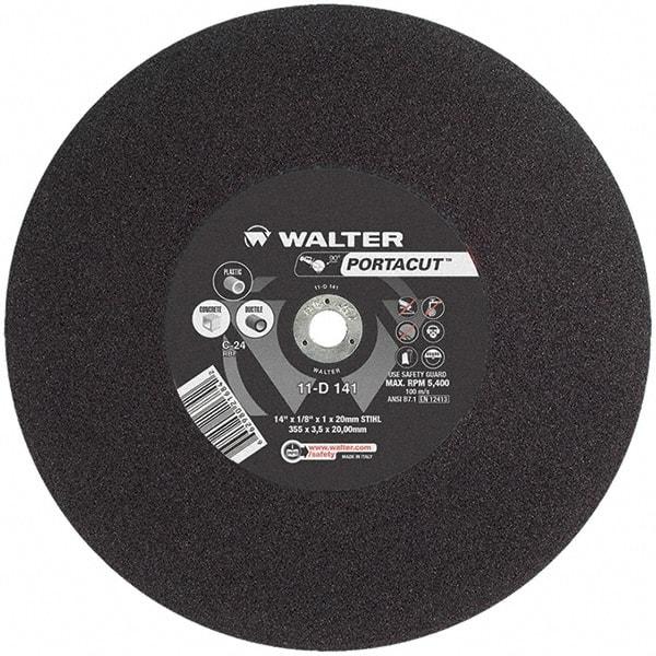 WALTER Surface Technologies - 14" 24 Grit Aluminum Oxide Cutoff Wheel - 1/8" Thick, 20mm Arbor, 5,400 Max RPM, Use with Electric & Gas Powered Saws - Industrial Tool & Supply