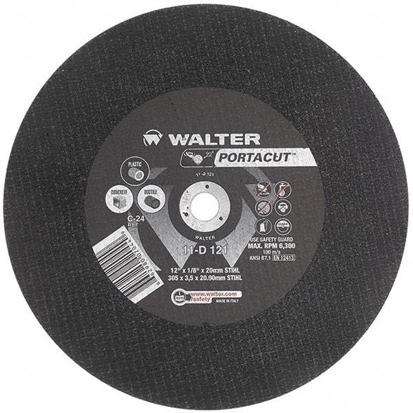 WALTER Surface Technologies - 12" 24 Grit Aluminum Oxide Cutoff Wheel - 1/8" Thick, 20mm Arbor, 6,300 Max RPM, Use with Electric & Gas Powered Saws - Industrial Tool & Supply