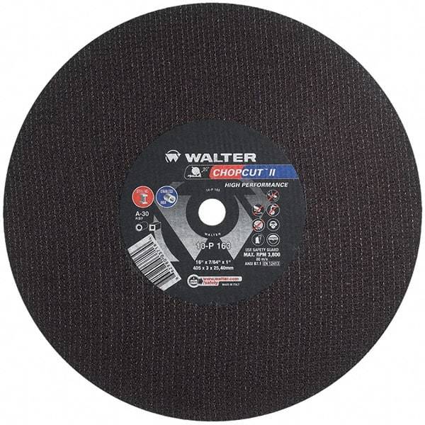 WALTER Surface Technologies - 16" 30 Grit Aluminum Oxide Cutoff Wheel - 7/64" Thick, 1" Arbor, 3,800 Max RPM, Use with Chop Saws - Industrial Tool & Supply