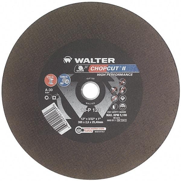 WALTER Surface Technologies - 12" 30 Grit Aluminum Oxide Cutoff Wheel - 3/32" Thick, 1" Arbor, 5,100 Max RPM, Use with Chop Saws - Industrial Tool & Supply