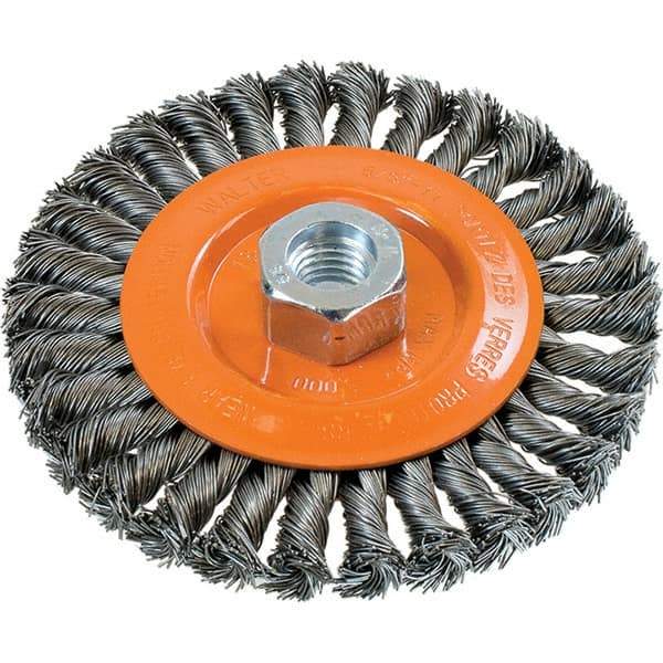WALTER Surface Technologies - 5" OD, 5/8-11 Arbor Hole, Knotted Steel Wheel Brush - 3/8" Face Width, 0.02" Filament Diam, 15,000 RPM - Industrial Tool & Supply