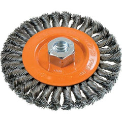 WALTER Surface Technologies - 5" OD, 5/8-11 Arbor Hole, Knotted Steel Wheel Brush - 3/8" Face Width, 0.02" Filament Diam, 15,000 RPM - Industrial Tool & Supply