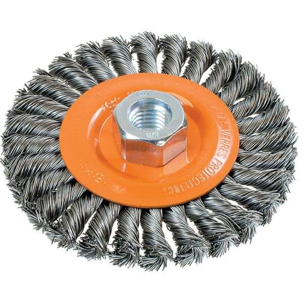 WALTER Surface Technologies - 4-1/2" OD, 5/8-11 Arbor Hole, Knotted Steel Wheel Brush - 3/8" Face Width, 0.02" Filament Diam, 15,000 RPM - Industrial Tool & Supply