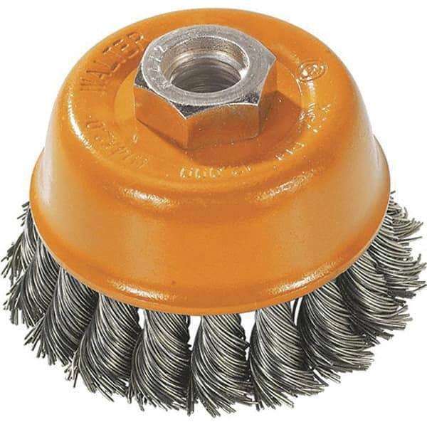 WALTER Surface Technologies - 3" Diam, 1/2-13 Threaded Arbor, Steel Fill Cup Brush - 0.015 Wire Diam, 12,000 Max RPM - Industrial Tool & Supply
