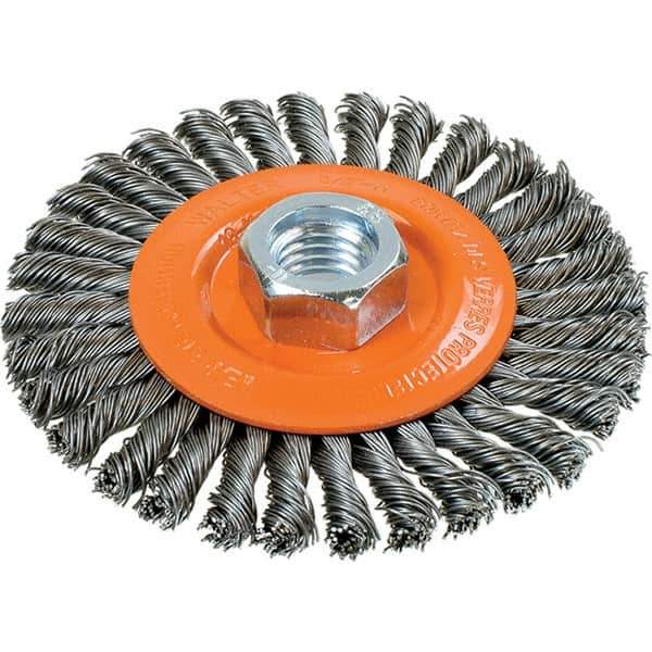 WALTER Surface Technologies - 4" OD, 5/8-11 Arbor Hole, Stringer Bead Steel Wheel Brush - 3/16" Face Width, 0.02" Filament Diam, 20,000 RPM - Industrial Tool & Supply