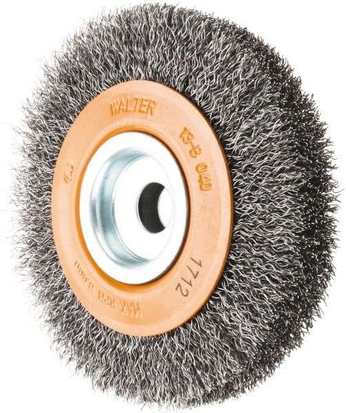WALTER Surface Technologies - 4" OD, 1/2" Arbor Hole, Crimped Steel Wheel Brush - 3/4" Face Width, 0.0118" Filament Diam, 6,000 RPM - Industrial Tool & Supply
