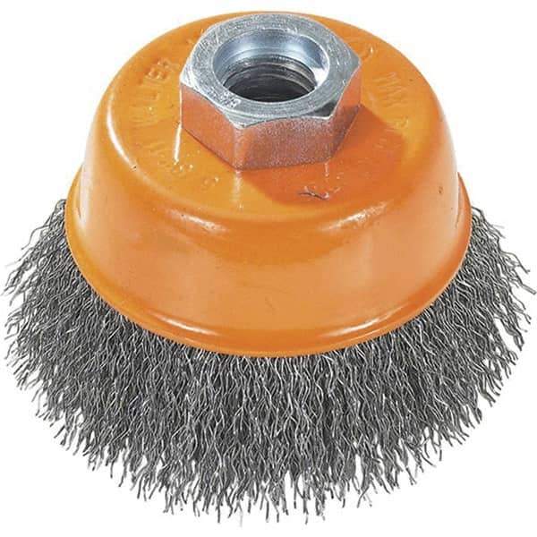 WALTER Surface Technologies - 3" Diam, M10x1.25 Threaded Arbor, Steel Fill Cup Brush - 0.0118 Wire Diam, 12,000 Max RPM - Industrial Tool & Supply