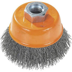 WALTER Surface Technologies - 3" Diam, M10x1.25 Threaded Arbor, Steel Fill Cup Brush - 0.0118 Wire Diam, 12,000 Max RPM - Industrial Tool & Supply