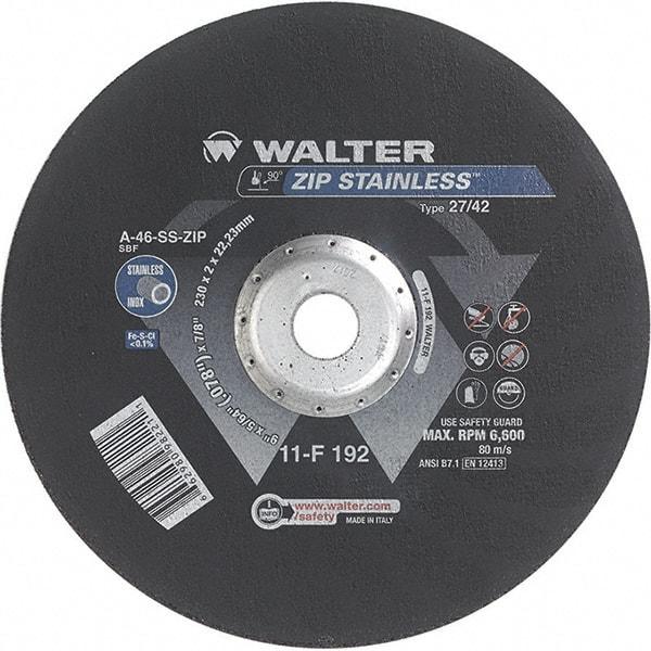 WALTER Surface Technologies - 46 Grit, 9" Wheel Diam, 5/64" Wheel Thickness, 7/8" Arbor Hole, Type 27 Depressed Center Wheel - Aluminum Oxide/Silicon Carbide Blend, Resinoid Bond, 6,600 Max RPM - Industrial Tool & Supply