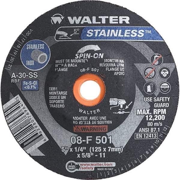 WALTER Surface Technologies - 30 Grit, 5" Wheel Diam, 1/4" Wheel Thickness, Type 28 Depressed Center Wheel - Aluminum Oxide, Resinoid Bond, 12,200 Max RPM - Industrial Tool & Supply