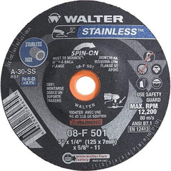 WALTER Surface Technologies - 30 Grit, 5" Wheel Diam, 1/4" Wheel Thickness, Type 28 Depressed Center Wheel - Aluminum Oxide, Resinoid Bond, 12,200 Max RPM - Industrial Tool & Supply