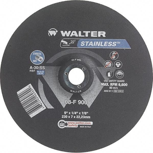 WALTER Surface Technologies - 30 Grit, 9" Wheel Diam, 1/4" Wheel Thickness, 7/8" Arbor Hole, Type 27 Depressed Center Wheel - Aluminum Oxide, Resinoid Bond, 6,600 Max RPM - Industrial Tool & Supply