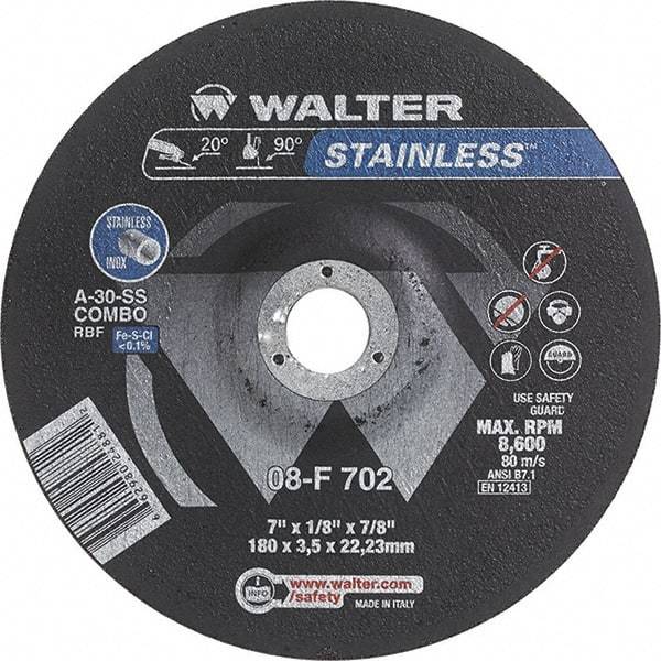 WALTER Surface Technologies - 30 Grit, 7" Wheel Diam, 1/8" Wheel Thickness, 7/8" Arbor Hole, Type 27 Depressed Center Wheel - Aluminum Oxide, Resinoid Bond, 8,600 Max RPM - Industrial Tool & Supply