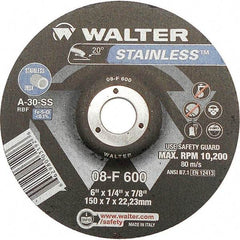 WALTER Surface Technologies - 30 Grit, 6" Wheel Diam, 1/4" Wheel Thickness, 7/8" Arbor Hole, Type 27 Depressed Center Wheel - Aluminum Oxide, Resinoid Bond, 10,200 Max RPM - Industrial Tool & Supply