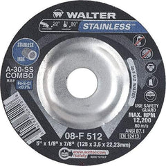 WALTER Surface Technologies - 30 Grit, 5" Wheel Diam, 1/8" Wheel Thickness, 7/8" Arbor Hole, Type 27 Depressed Center Wheel - Aluminum Oxide, Resinoid Bond, 12,200 Max RPM - Industrial Tool & Supply